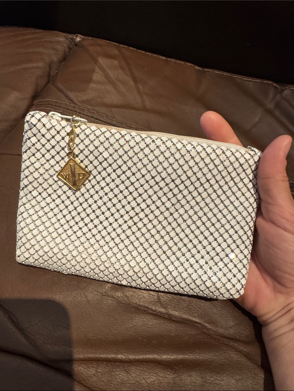 Vintage Whiting and Davis White Mesh Zip Pouch with Gold Charm